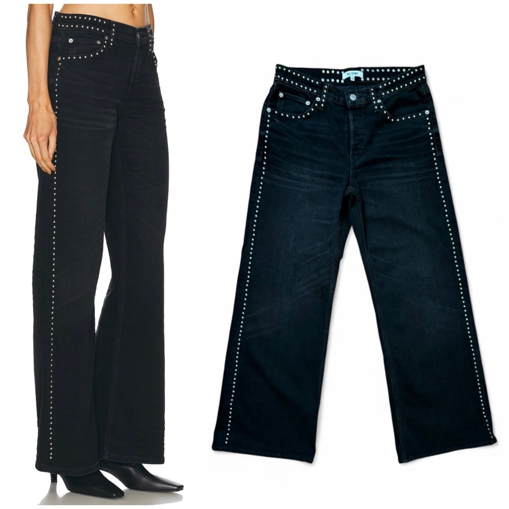 Re/Done Black Wide Leg Flare Jeans with Stud Trim